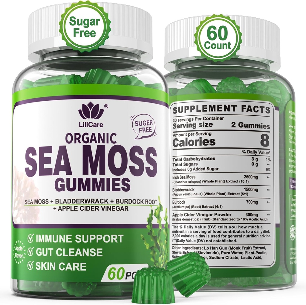 Sea Moss Gummies - Irish Sea Moss Gummies for Adults & Kids - Advanced Superfood Seamoss Supplement with Organic Bladderwrack & Burdock Root Extract，ACV for Daily Immune, Gut Cleanse, Vegan, 60 Counts