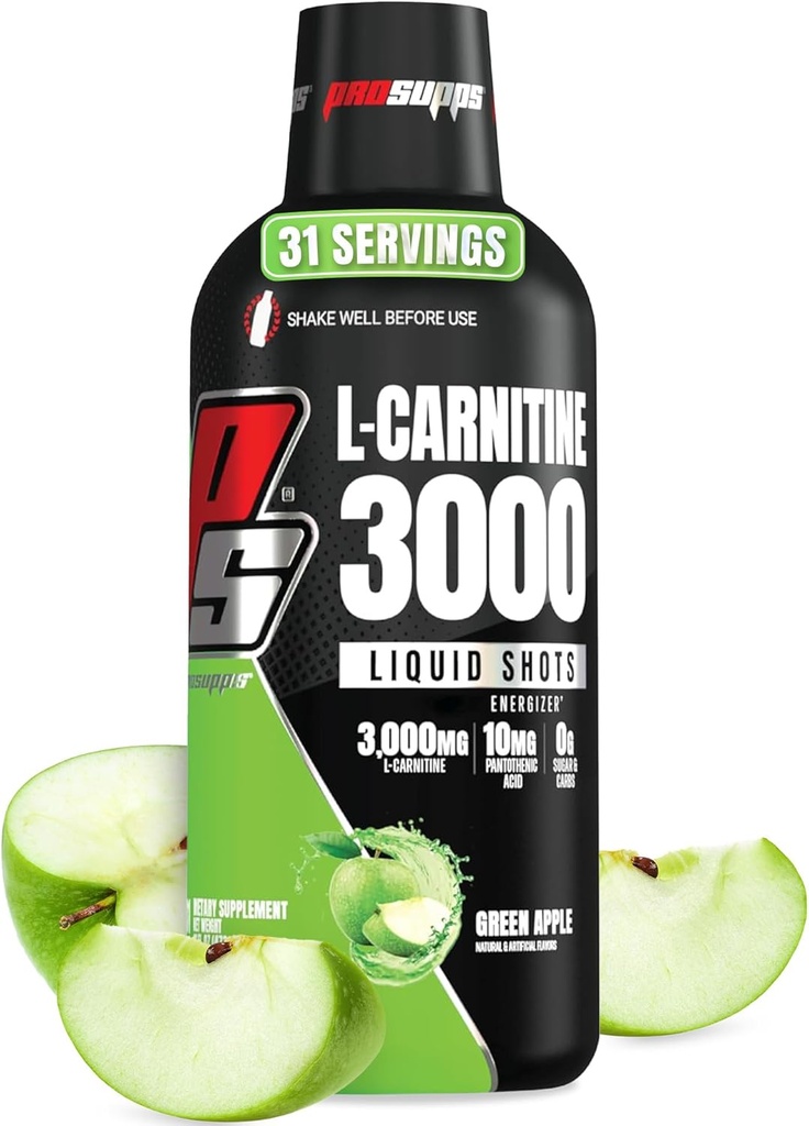 PROSUPPS L-Carnitine Liquid 3000, Zapatos líquidos libres de estimulantes para hombres y mujeres - Clean Workout Drink for Energy, Performance &amp; Muscle Recovery - No Sugar, No Carbs - 31 Servings, Green Apple