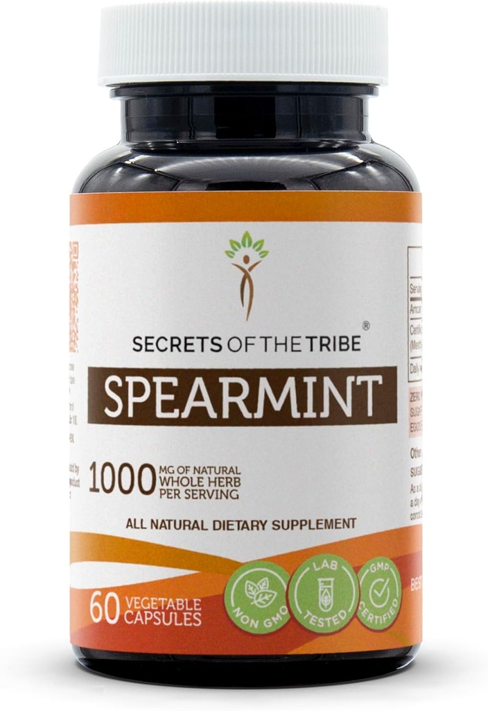 Secrets of the Tribe Spearmint Capsules 1000 mg Spearmint (Mentha spicata) Leaf seco, Suplemento de apoyo hormonal para mujeres (60 cápsulas)