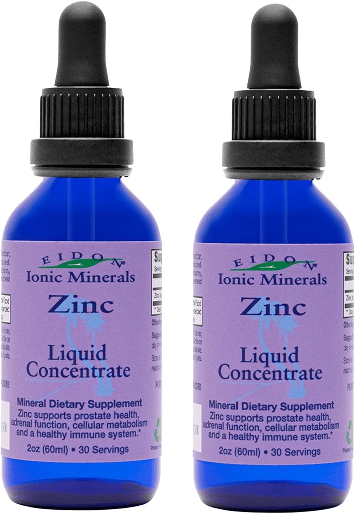 Eidon Ionic Minerals Concentrado de zinc líquido - Ionic Zinc Suplemento gotas para adultos y niños, Sistema de soporte, Peluquería y piel, Salud del hígado y del riñón - 2 oz, 2 Pack