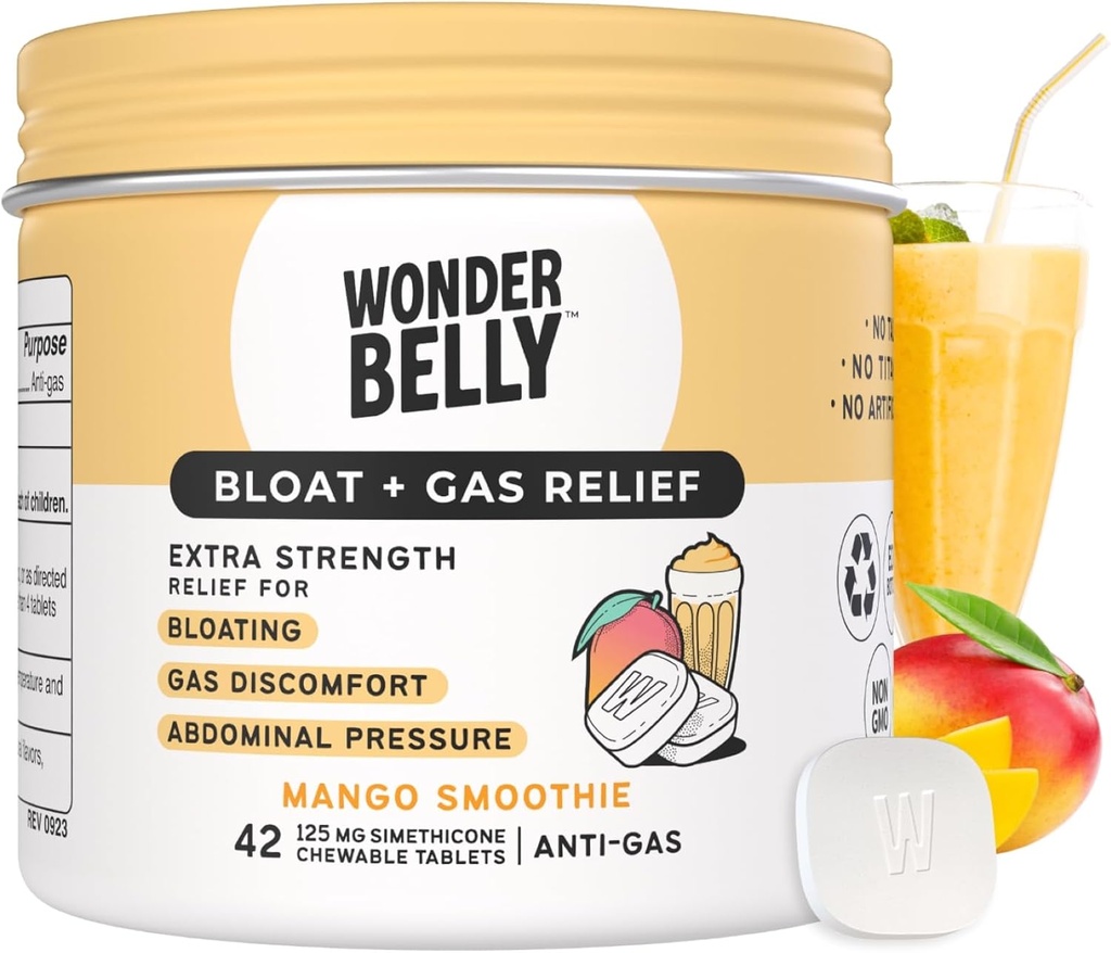 Wonderbelly Bloat + Gas Relief, Extra Strength Chewable Tablets, con 125 mg Simethicone, No Talc o Dye, Mango Smoothie, 42 Conde