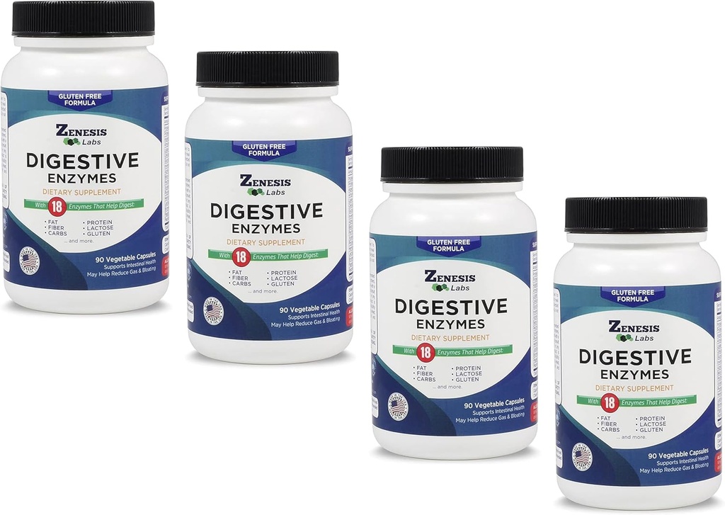 Zenesis Labs Digestive Enzymes - con Amylase, Bromelain, Protease, Lipase & 14 Otros Enzymes Bulk 360 Capsule Supply (4 Bottle Set - 90 Capsules/Bottle)