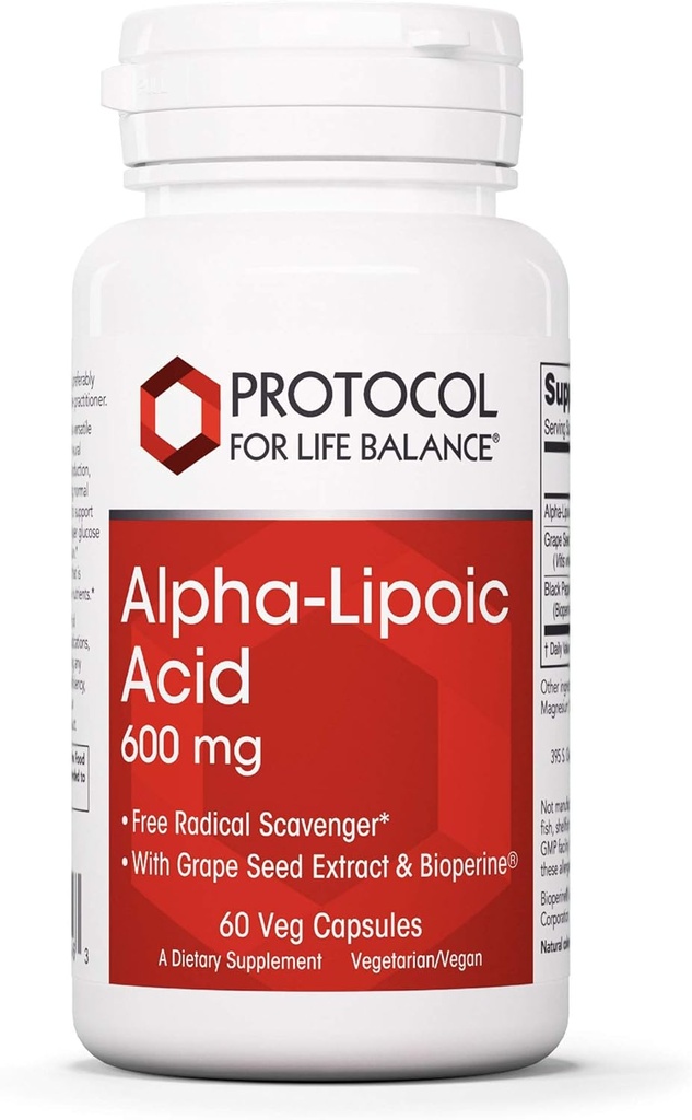 Protocolo Ácido Alfa Lipoico 600mg - Extracto de semillas de uva y bioperina - 60 cápsulas de veg