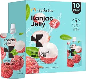Hethstia Konjac Jelly, Lychee Konjac Jelly 10 Pouches with Collagen Peptides, Bajo Calorie Bebida Litchi Jello, Vitamina C Light Snacks, Sugar Free, Keto, Gluten-Free, Saludable Food Gifts