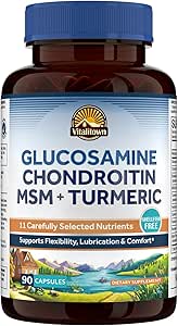 Vitalitown Glucosamine Chondroitin MSM, Turmeric, Collagen, Hyaluronic Acid, Boswellia, Quercetin, 11-in-1 Fórmula, Glucosamine Sulfate 1500 mg, No Shellfish, Flexibility & Comfort, 180 Caps