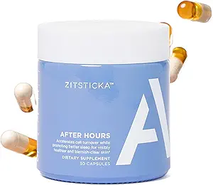 ZitSticka Vitamina Acne Suplemento para el acné quístico w / 30 cápsulas naturales para mujeres y hombres, Suplementos para el apoyo hormonal, Claridad de la piel, manchas oscuras - Dermatólogo testado (Después de las horas Ceramidas)