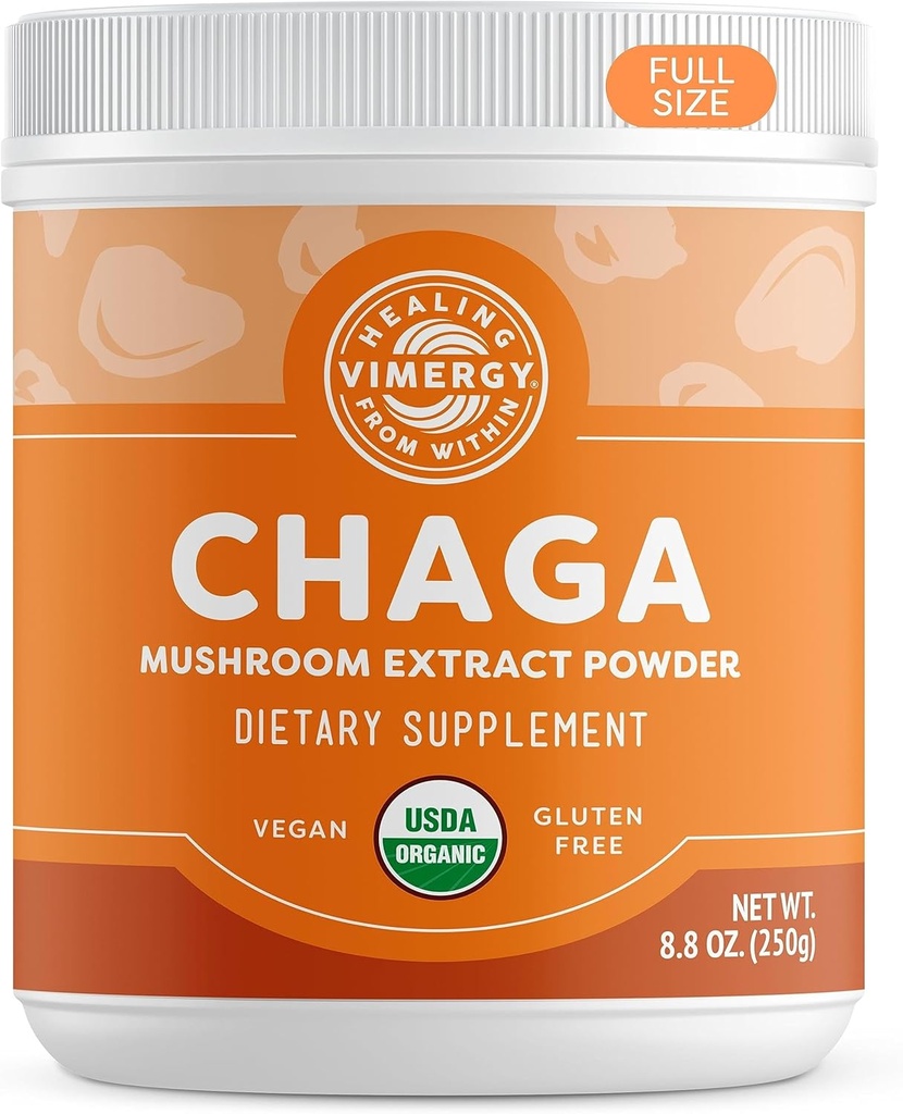 Vimergy USDA Organic Wild Chaga Mushroom Extract Powder, 166 Servings – Ideal en Chaga Tea, Café, Smoothies – Cardiovascular Support - Kosher, Vegan, No Gluten, Paleo - Pure Chaga, No Fillers (250g)