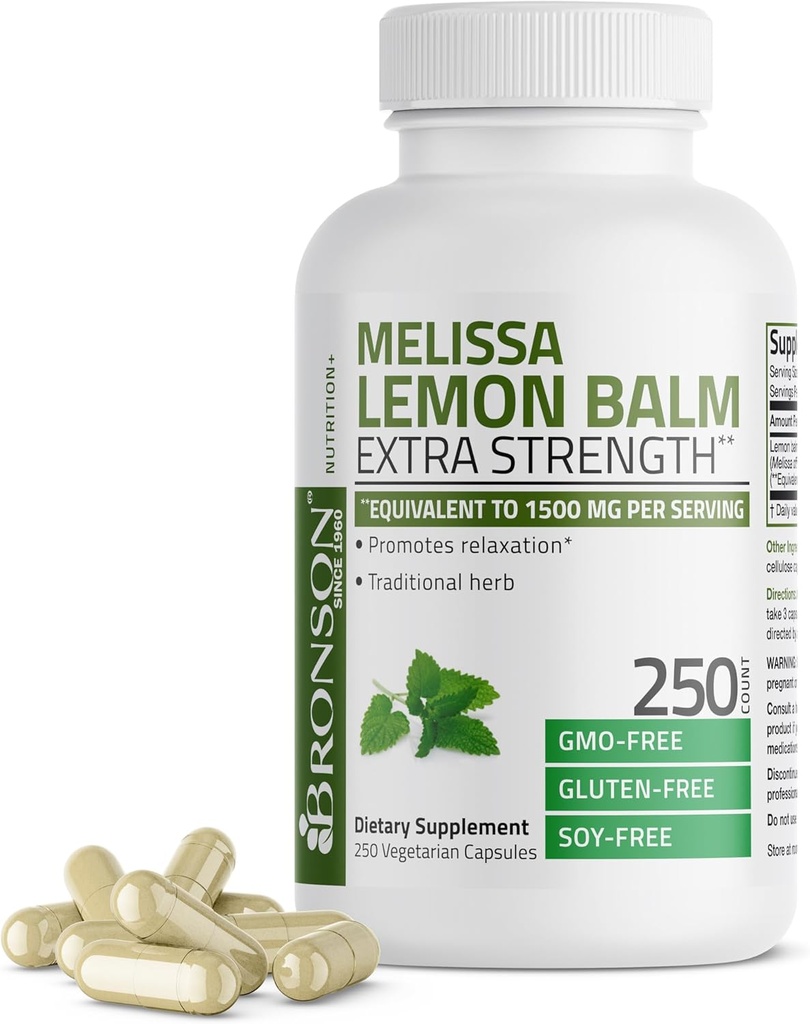 Bronson Melissa Lemon Balm Extra Strength, Non-GMO, 250 cápsulas vegetarianas
