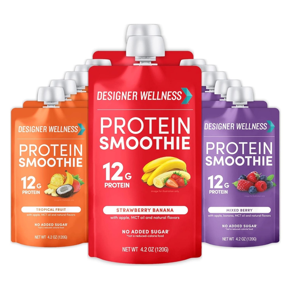Diseñador Wellness Protein Smoothie, Fruta Real, Proteína 12g, Bajo Carb, Cero Añadido Azúcar, Libre de gluten, No GMO, No Colores Artificiales o Sabores, Variedad Pack, 12 Condes