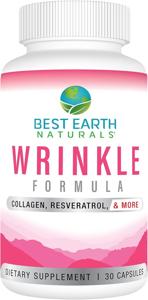 Best Earth Naturals Wrinkle Formula with Hyaluronic Acid, Niacinamide, Multi Vitamin, Collagen for Women or Men - Skin Vitamins Supplement -30 Day Supply (30 Capsules)