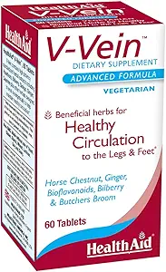 HealthAid V-Vein, Beneficial Nutrients for Healthy Circulation for Legs and feet, 60ct, Once Daily, Contains Ginkgo, Grape Seed, Vitamin C and Bilberry, Vegan