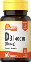 Sundance Vitamin D3 400 UI (10 mcg) Silencio 60 Tabletas Vegetarianas ← Vitamina Esencial Suplemento Silencio Vegetariano, No GMO, y Fórmula Libre Gluten