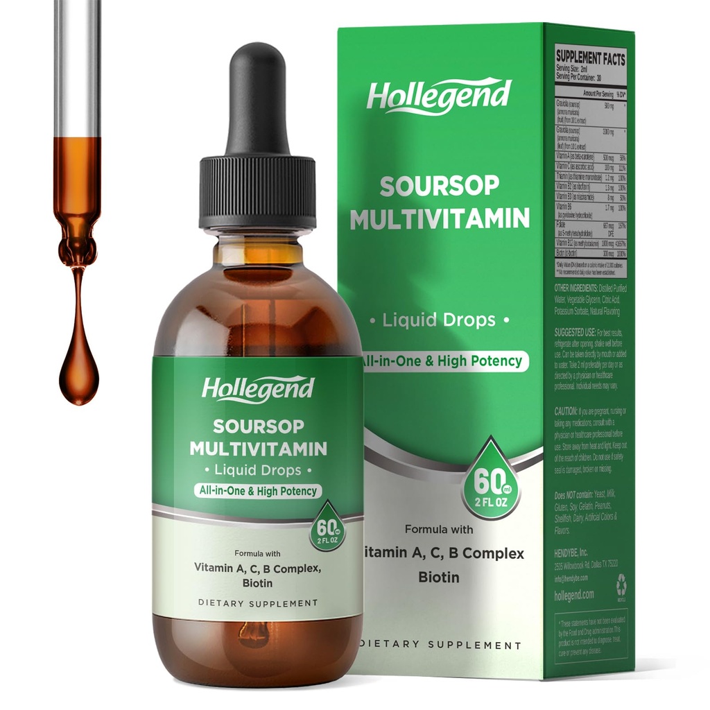 Soursop gotas líquidas multivitamínicas, multivitamínicas con Graviola Soursop Bitters líquidos para soporte inmunitario, cabello, piel, salud cerebral, 2 Fl Oz