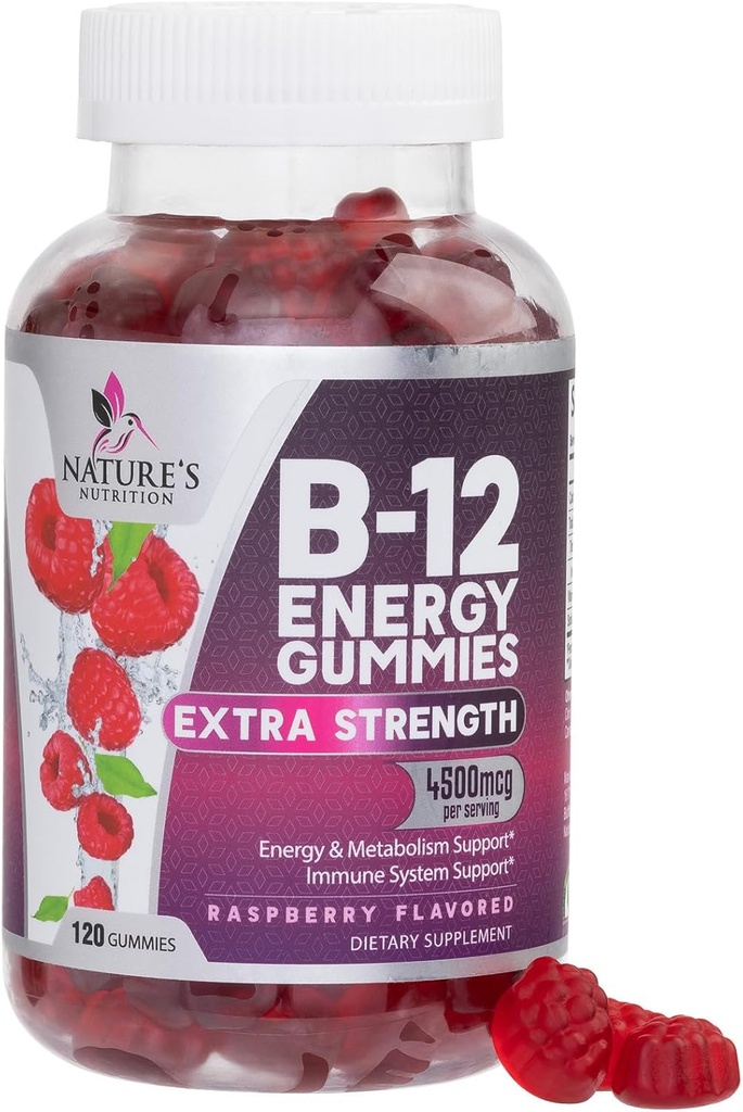 B-12 Vitamina Gummies 4500mcg - Extra Strength B12 Gummy Chewables for Energy Metabolism &amp; Immune Support - Suplemento dietético para Mujeres, Hombres, " Niños - No GMO, Vegan, Berry Flavor - 120 Conde