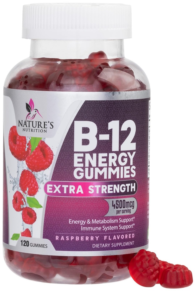 B-12 Vitamina Gummies 4500mcg - Extra Strength B12 Gummy Chewables for Energy Metabolism &amp; Immune Support - Suplemento dietético para Mujeres, Hombres, " Niños - No GMO, Vegan, Berry Flavor - 120 Conde