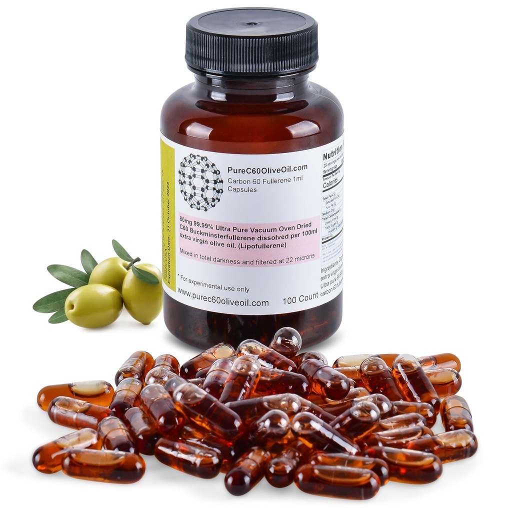 PureC60OliveOil C60 Organic Olive Oil Capsules Pills 100ml / 3.4 Fl Oz - 99.99% Carbon 60 Solvent Free 80mg - Grado alimentario - Carbon 60 Olive Oil - From The Leading Global Producer