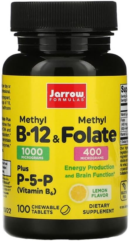 Jarrow Formulas Metil B-12 &amp; Metil Folate - 100 Chewable Tablets, Lemon - Pack of 2 - Bioactive Vitamin B12 & B9 - Supports Energy Production, Brain Function & Metabolism - 200 Total Servings