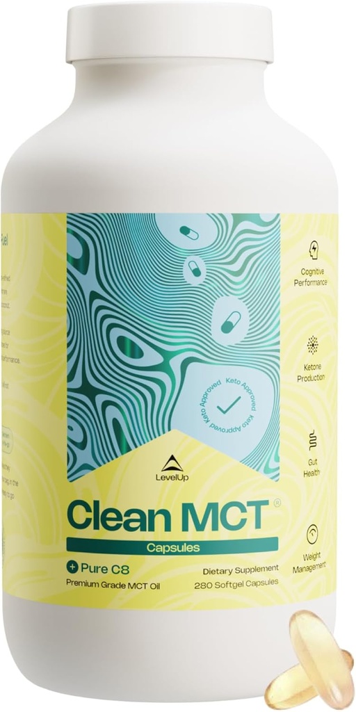 NivelUp Clean MCT Oil Capsules - 100% Caprylic C8 for Energy, Focus, Weight Management, Gut Health, Brain Superfuel - Keto Supplement for Ketogenic Diet and Ketones - Non-GMO (280 Count)