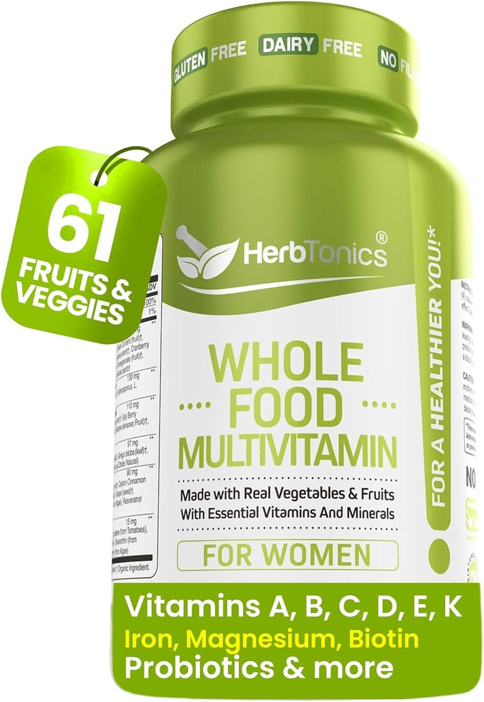 Herbtonics Whole Food Multivitamin for Women ← Fabricado con Superfoods, Real Raw Veggies, Fruits, Vitamina E, A, B Complex ← Womens Multivitamin ← Non-GMO 120 Vegan Capsules