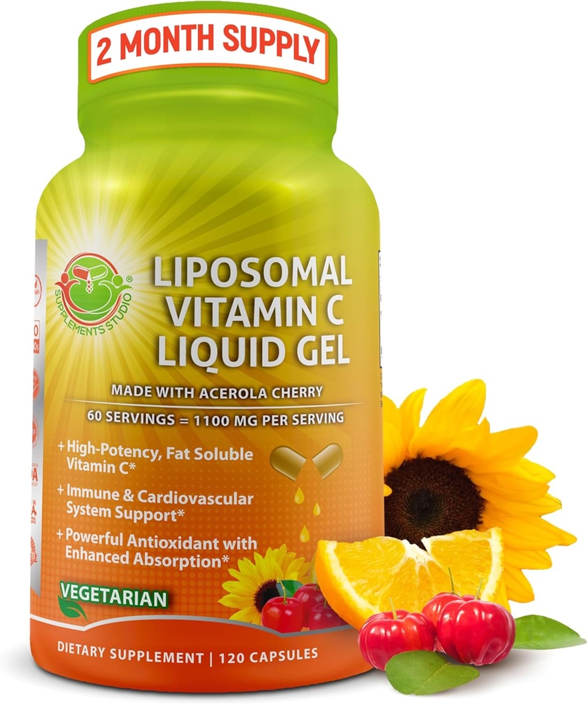 Liposomal Vitamina C Líquido Gel Capsules - 1100mg - Hecho con Cerezas de Acerola Orgánica, Alta Potencia Vitamina C Liposomal Apoyo Suplemento con Absorción Mejorada & Bioavailability - 120 count
