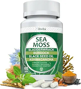Sea Moss Black Seed Oil Capsules - Suplementos con Seamoss, Ashwagandha, Burdock Root, Ginger &amp; Multimineral para Immune &amp; Digestive Support, Improve Energy for Men &amp; Women - 60 cápsulas