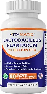 Vitamatic Lactobacillus Plantarum - 20 Billones por cápsula DR - 60 Cuenta - Apoyo Digestivo - Hecho con fibra prebiótica