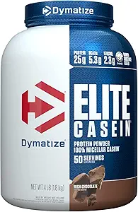 Dymatize Elite Casein Protein Powder, Slow Absorbing with Muscle Building Amino Acids, 100% Micellar Casein, 25g Protein, 5.4g BCAAs & 2.3g Leucine, Helps Overnight Recovery, Smooth Vanilla, 2 Pound