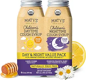 Matys Organic Kids Cough Syrup Day & Night Combo for Children 1 Year +, Soothing Cough Relief w/Zinc, Melatonin &amp; Dye Free, 2 Bottles, 6 fl oz