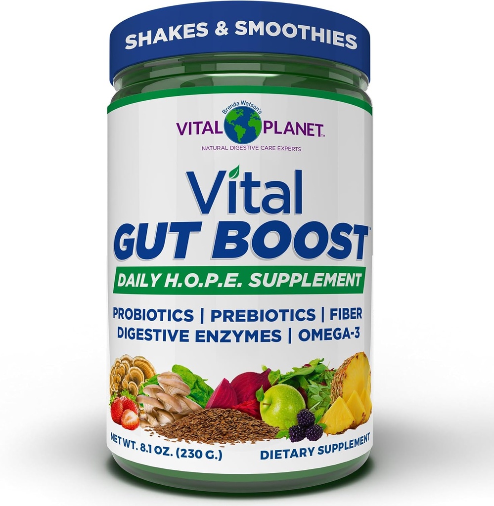 Vital Planet - Vital Gut Boost Powder por Brenda Watson, PBS Gut Check Hope Suplemento con fibra 35, Omega 3 Oil, Probiotics, y Enzymes Digestivos, 8.1oz, 230 Grams, 30 Servings