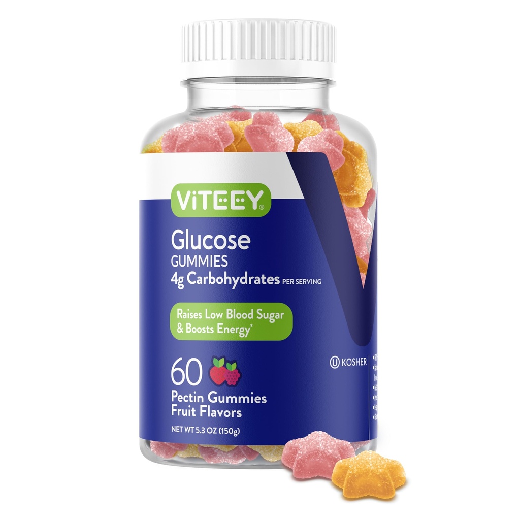 Viteey Glucose Gummies - 4g de Carbohidratos - Fast Acting Alternative to Glucose Tablets - Energy and Blood Sugar Support - Vegan, Gluten Free, Gelatin Free - 60 Count