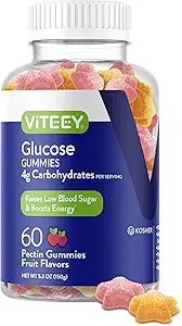 Viteey Glucose Gummies - 4g de Carbohidratos - Fast Acting Alternative to Glucose Tablets - Energy and Blood Sugar Support - Vegan, Gluten Free, Gelatin Free - 60 Count