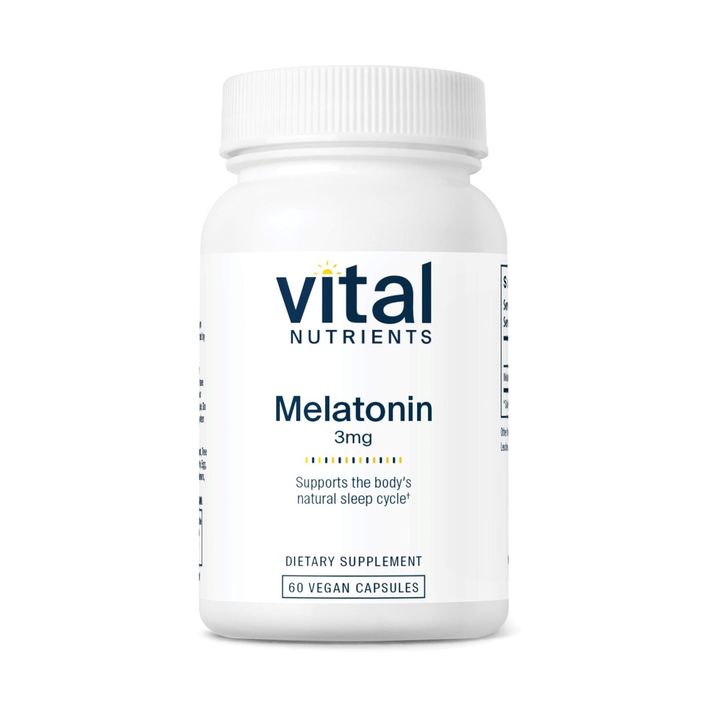 Nutrientes vitales Melatonin 3mg ← Vegan ← Melatonina de baja dosis Silencioso Suplemento para apoyar el ciclo natural del sueño del cuerpo* TENIDO Gluten, Dairy, Soy Gratis 60 cápsulas