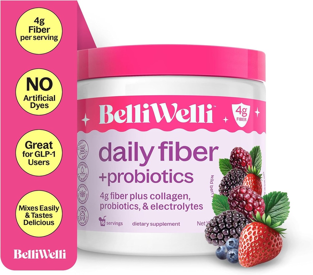 Belli Welli Fiber Supplement for Women &amp; Hombres – Premium Daily Fiber Powder from Organic Acacia with Added Collagen, Electrolytes & Probiotics – No Bloat, Constipation " Gut Health Support (Wild Berry)