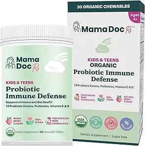 Certified Organic Kids &amp; Teens Probiotic Immune Defense - 5 Billion CFUs ← Sugar Free, Vegan, Gluten-Free ← 14 Probiotic Strains, Prebiotics, Vitamina C & D TEN 30 Chewable Tablets, Ages 4+
