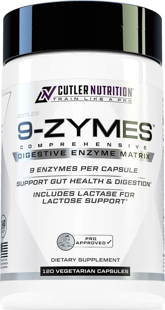 Nutrición de Cutler 9-Zymes Enzyme Digestive Suplemento: Contiene Bromelain, Protease, Lipase, Lactase &amp; More to Help Reduce Bloating, Improve Absorption and Reduce Gas, 120 Servings/Capsules