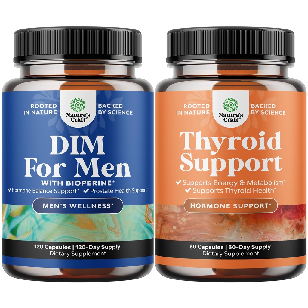 Bundle of DIM Supplement for Men with Panax Ginseng Bioperine Grapeseed " Astragalus for Prostate Health and Herbal Thyroid Support Complex with L Tyrosine, Bladderwrack, Selenium " Pure Ashwagandha