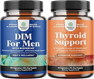 Bundle of DIM Supplement for Men with Panax Ginseng Bioperine Grapeseed & Astragalus for Prostate Health and Herbal Thyroid Support Complex with L Tyrosine, Bladderwrack, Selenium & Pure Ashwagandha