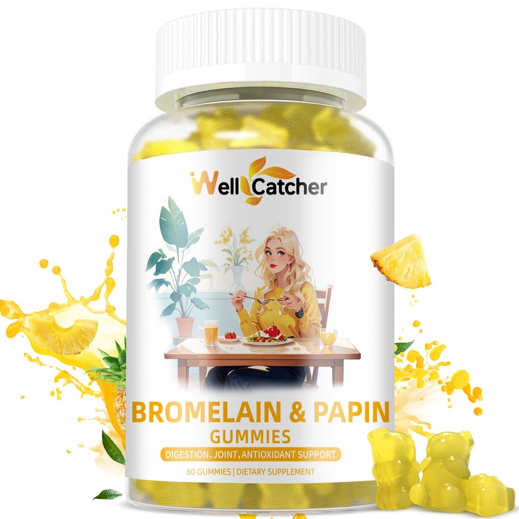 Bromelain Papain Enzyme Gummies Suplemento: Bromelain 500MG con querectina Gummies para adultos Niños, Bromelaina orgánica Papaya Enzymes Chewable for Digestive Support Immunity Antioxidant Vegan 60CT