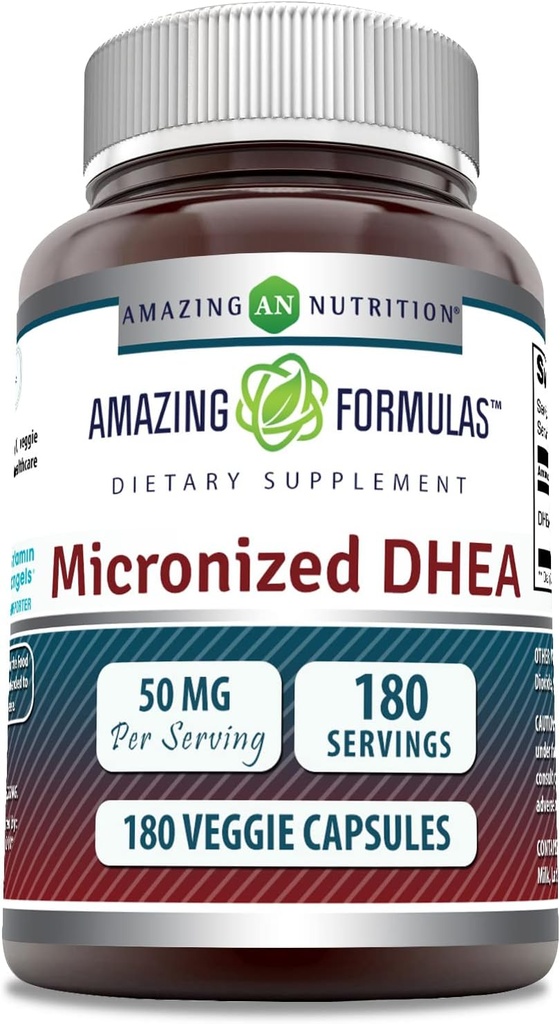 Amazing Formulas Micronized DHEA Suplemento ← 50 Mg per Serving TEN 180 Veggie Capsules Silencio No-GMO ANTE Gluten-Free TEN Made in USA