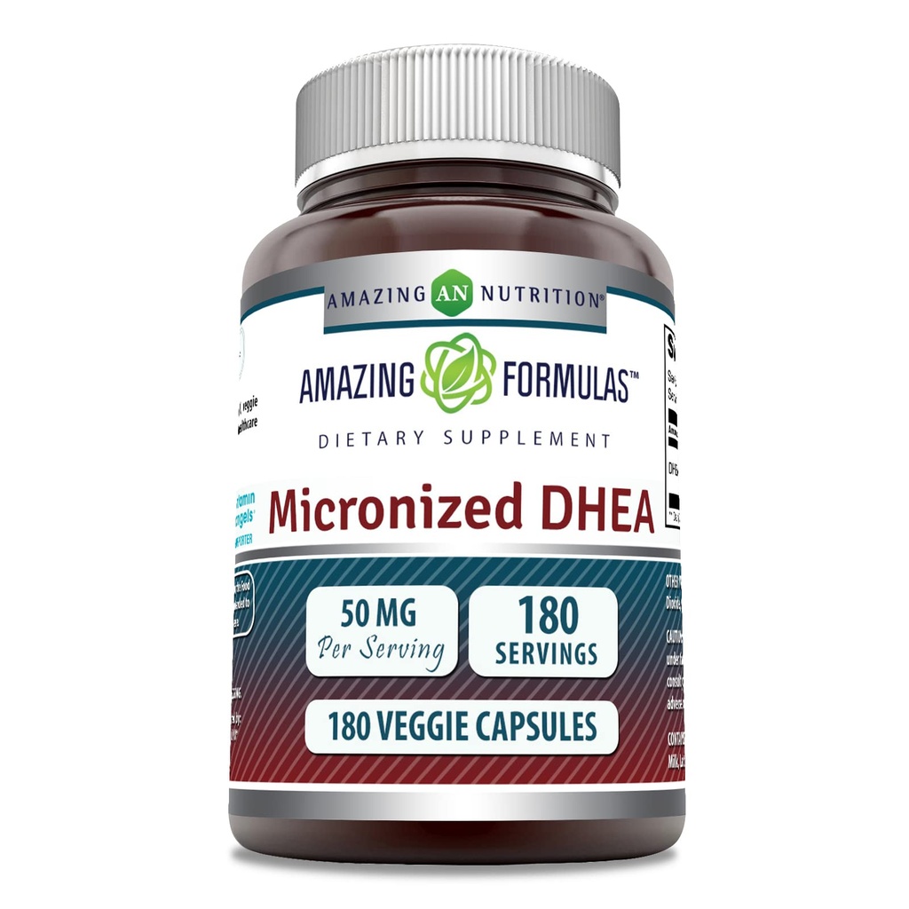 Amazing Formulas Micronized DHEA Suplemento ← 50 Mg per Serving TEN 180 Veggie Capsules Silencio No-GMO ANTE Gluten-Free TEN Made in USA
