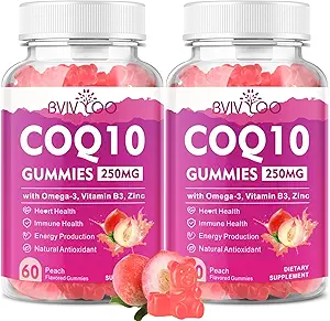 2 Pack CoQ10 Gummies 250mg, Plus Omega-3, Vitamina B3 & Zinc, Magnesio - Coenzima de alta absorción Q10 Suplementos para la salud del corazón, energía celular, & soporte antioxidante, 120 Condes