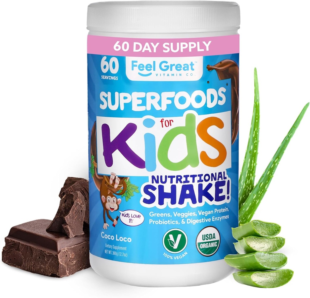 Niños Ecológicos Super Verdes Polvo con frutas & verduras - All-In-One Niños Multivitamínicos hechos de plantas reales - Sin vitaminas sintéticas, sin rellenos o carpetas, sin azúcar añadido.