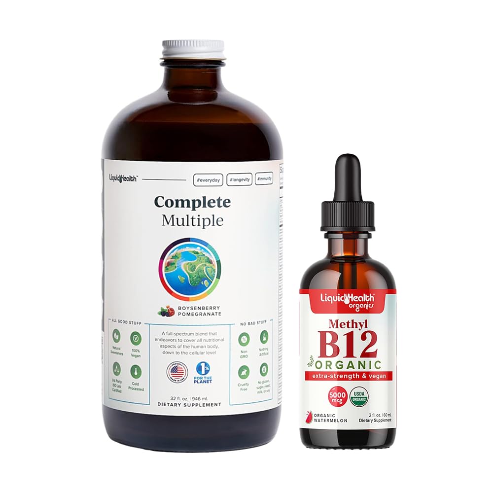 LIQUIDHEALTH Complete Multiple Daily Multivitamin & Organic Methyl B12 5000mcg Vitamin Drops with Tart Cherry Juice for Immune Support, Natural Energy Boost, Improved Memory & Focus, General Health