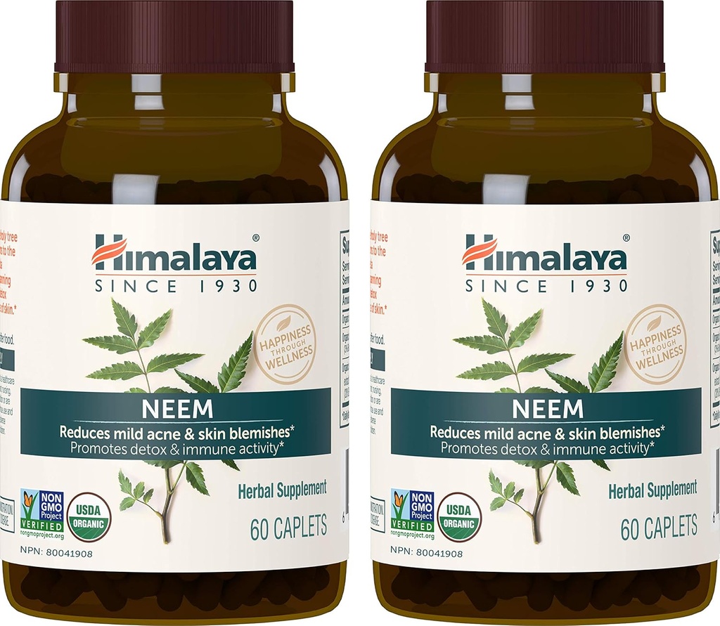 Himalaya Orgánica Neem Herbal Suplemento, para Mild Acne &amp; Clear Skin, Purifying, Ayurvedic, USDA Certified Organic, Non-GMO, Vegan, 600 mg, 60 Plant Based Caplets, 2 Pack