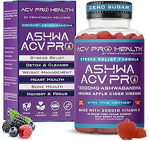 Ashwa ACV Pro Health - Azúcar manivelas de vinagre sin azúcar con Ashwagandha, Advanced Keto, Stress Relief Supplements with Vitamin D, 1g Carbs Por Gummy Golo