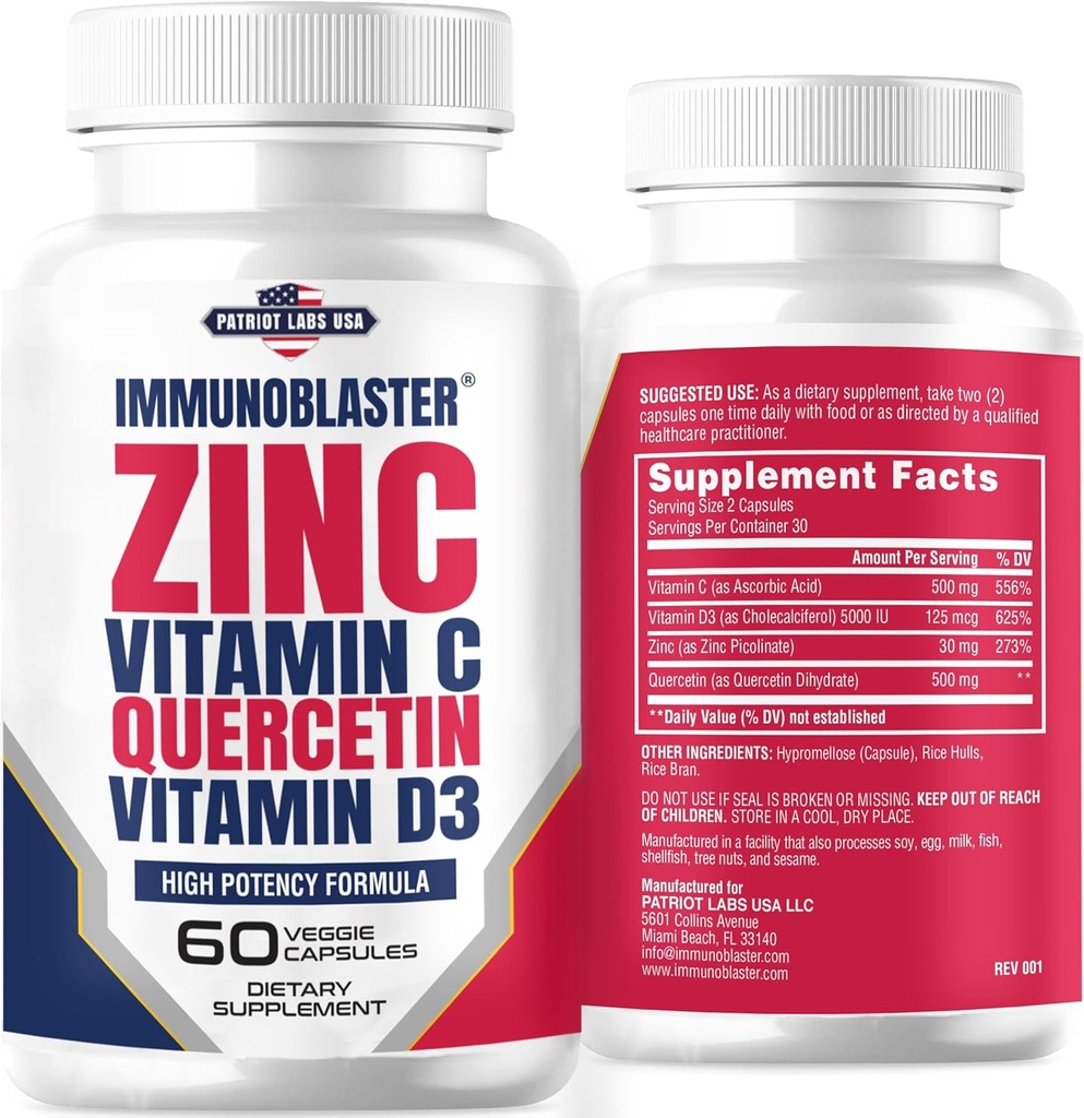 Zinc Quercetina 500mg con vitamina D y C Antioxidante Apoyo a la inmune Alta Potencia Quercetina Zinc Suplemento para Hombres y Mujeres - Gluten, Soy, & Dairy Gratis - 60 Cuenta (Pack de 1)