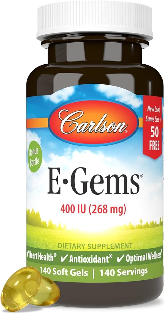Carlson - E-Gems 400 UI (268 mg), Vitamina Natural-Fuente E, Wellness Optimal, 140 Gels Soft