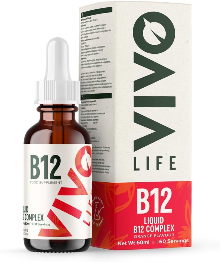 Vida Vivo - Complejo de vitamina B12, Suplemento de salud de alta potencia, gotas líquidas de sabor naranja, 60 ml, 60 prestaciones