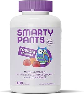 SmartyPants Toddler Multivitamin Gummies: Omega 3 Fish Oil (EPA/DHA), Vitamina D3, C, Vitamina B12, B6, A, K & Zinc, Biotin, Beta Carotene, Gluten Free, Three Fruit Flavors, 180 Conde (60 Day Supply)