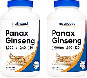 Nutricost Panax Ginseng 1000mg, 240 Capsules (2 Botellas) - Non GMO, Gluten Free, 120 Servings